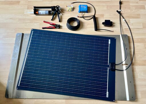 Components necessary for a solar module installation (battery excluded)